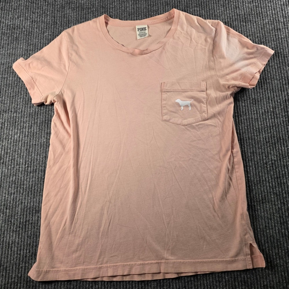 Pink Victoria's Secret Pocket T-Shirt Peach Dog Logo Graphic Tee Womens Small